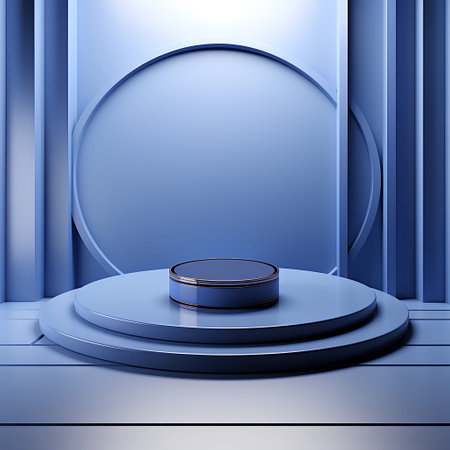 An AI generated illustration of a round blue elevated 3d podium on a platformの素材