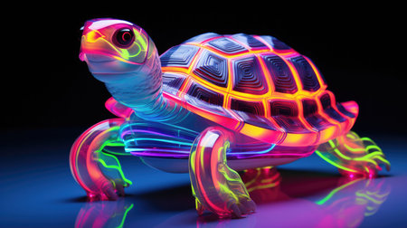 An AI generated illustration of A majestic colored turtle is perched on the ground with its eyes wide open, gazing serenely into the distanceの素材