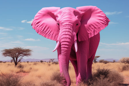 An AI generated illustration of a majestic pink elephant standing in a lush green fieldの素材