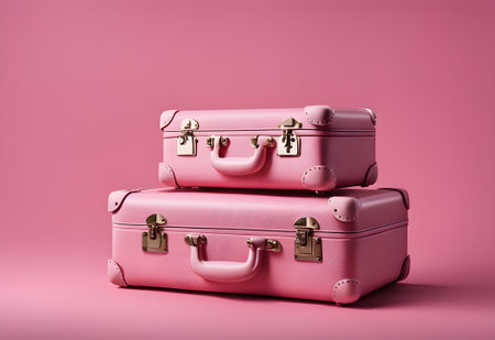 An AI-generated illustration of two pink suitcases of varying sizes arranged in a stack against a solid pink backgroundの素材