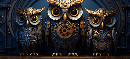 An AI generated illustration of Three shining silver owls on a wooden shelf decorated with a delicate clockの素材
