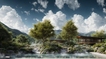 An AI generated illustration of A large, empty swimming pool with clear blue waterの素材