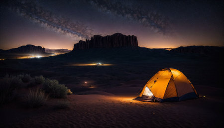 An AI generated illustration of A well-lit camping tent in an arid desert landscape illuminated by a milky night skyの素材