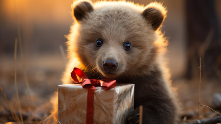 An AI generated illustration of Adorable small brown bear holding a wrapped giftの素材
