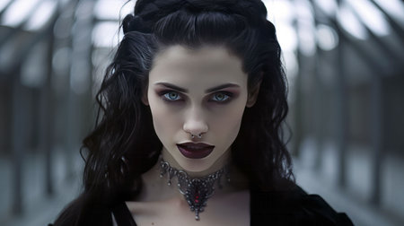 An AI generated illustration of a portrait of a female vampire in a dark makeup and black dressの素材