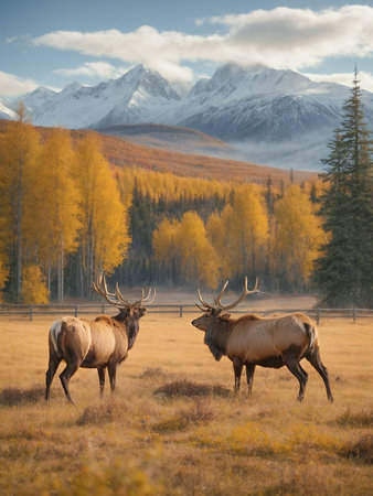 An AI generated illustration of a herd of elk grazing in a fieldの素材