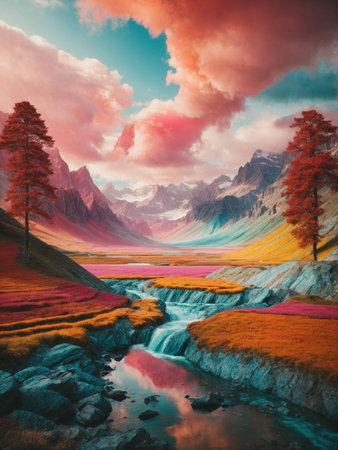 An AI generated illustration of a river flowing through a colorful landscape in autumnの素材