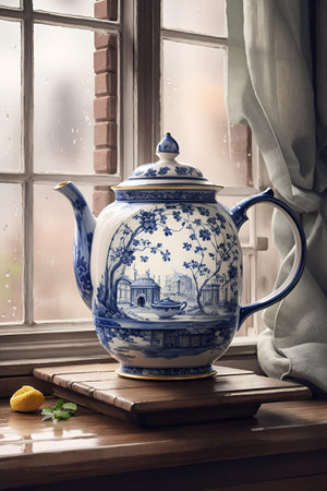 An AI generated illustration of A white and blue ceramic teapot displayed on a windowsill with a view of the sky and trees outsideの素材
