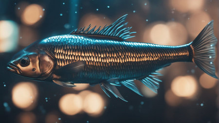 An AI illustration of a vibrant blue fish swimming in a dark aquariumの素材