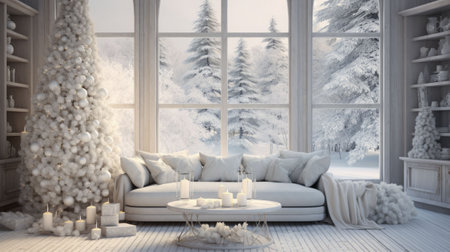 An AI generated illustration of A festive white Christmas tree in a cozy living room, illuminated by the wintery sunlightの素材