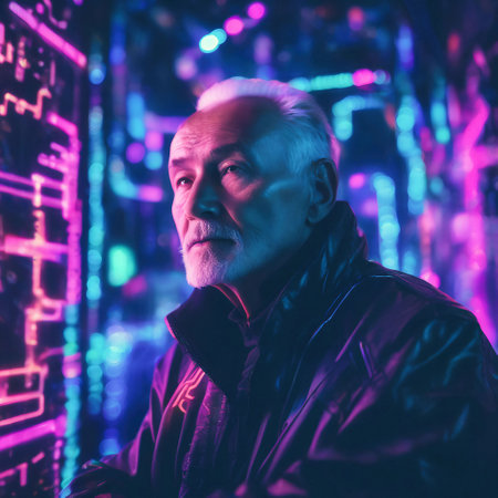 An AI generated illustration of a man standing in front of a wall of illuminated computer chipsの素材