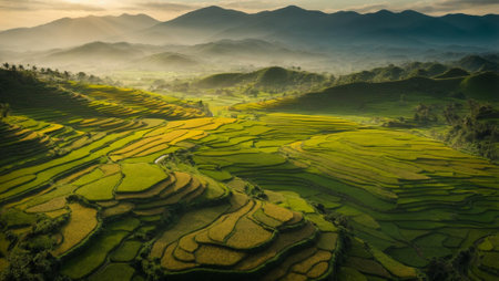 An AI generated illustration of An awe-inspiring landscape view of rolling rice fieldsの素材