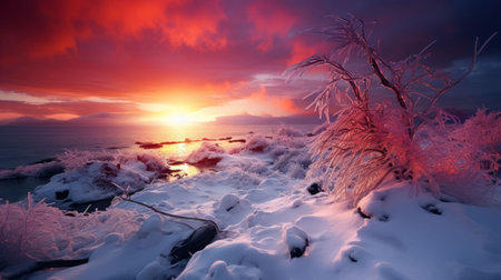 An AI generated illustration of a winter landscape with a lake  and snow-covered groundの素材
