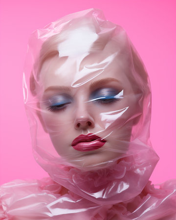 An AI generated illustration of a female against a pink background with plastic bags covering her headの素材