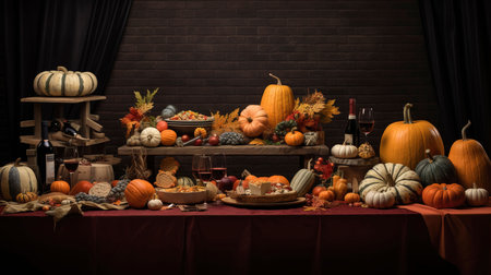 An AI generated illustration of A festive table is set up in front of a brick wall, with vibrant autumnal decorations for Halloween, Thanksgivingの素材