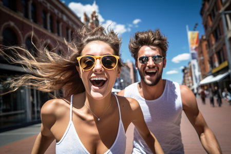 An AI generated illustration of a young couple having a joyous time skateboarding in a cityの素材