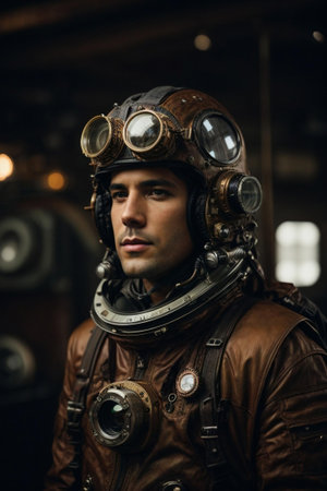 An AI generated illustration of A mature male pilot wearing a brown military-style uniformの素材