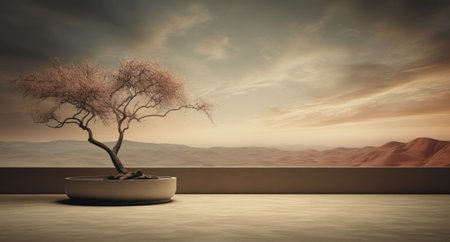 An AI generated illustration of A solitary tree in a terracotta pot withの素材