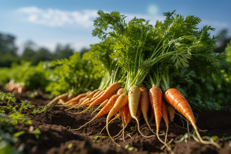 An AI generated illustration of  freshly-grown carrots in a lush green field under the blue skyの素材
