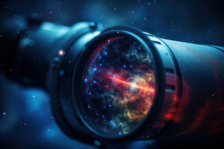 An AI-generated illustration of a telescope lens focusing on a distant galaxy clusterの素材