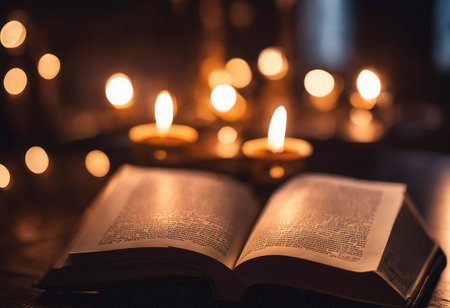 An AI generated illustration of an open book near lit candlesの素材