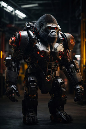 An AI generated illustration of a robotic gorilla stands tall and strong made of metal and wiresの素材