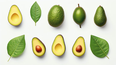 An AI generated illustration of a brightly-colored array of avocados arranged on a white backgroundの素材
