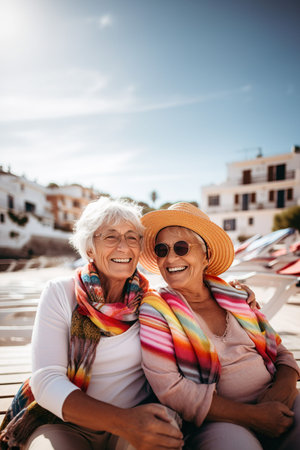 An AI generated illustration of two elderly women smiling and enjoying the summer day on the beachの素材