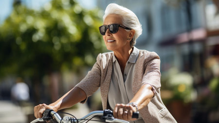 An AI illustration of An AI illustration of A female cyclist riding a bicycle in a sunny outdoor setting, smiling and posing for the camera while wearの素材