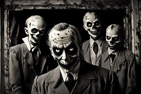 An AI generated illustration of a group of creepy figures in coats in grayscaleの素材