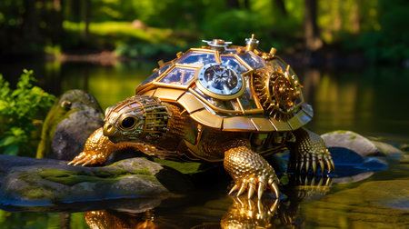 An AI generated illustration of A stunning golden turtle sculpture perched atop a rocky precipiceの素材