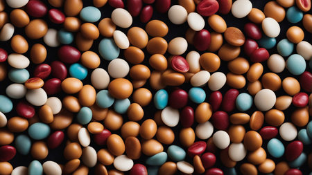 An AI generated illustration of A close up view of a variety of colorful chocolate and caramel sprinkles arranged in a decorative patternの素材