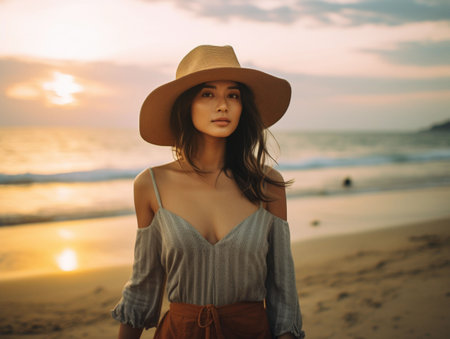 An AI generated illustration of a young woman in a sunhat standing on the beach at sunsetの素材