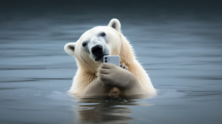 An AI generated illustration of a white polar bear holding a phone in the waterの素材