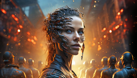An AI generated illustration of a woman wearing a robotic costume in a burning city with soldiersの素材