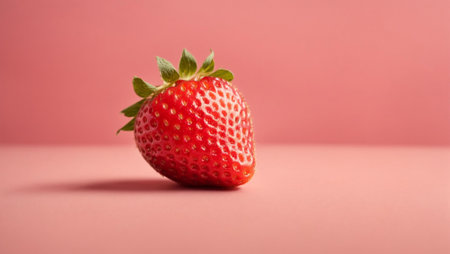 An AI generated closeup illustration of a vivid ripe strawberry on the soft pink backgroundの素材
