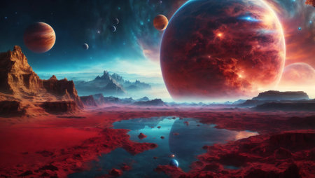 An AI generated illustration of a barren landscape overlooking planets in the skyの素材