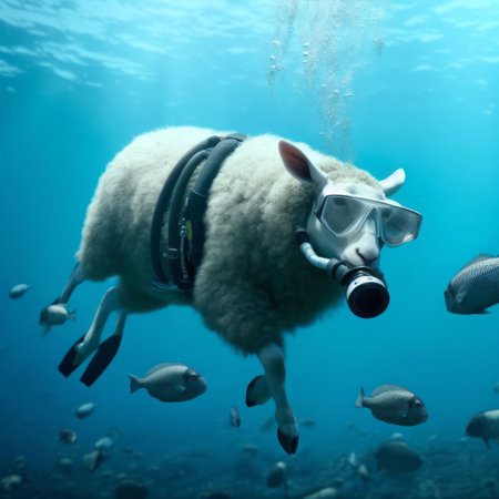 An AI generated illustration of a white sheep wearing swim goggles swimming underwatersの素材