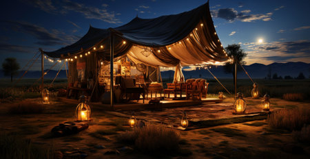 An AI generated illustration of a beautiful sunset view with a camping tentの素材