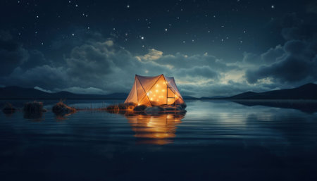 AI-generated photo of a tent on a small island in a lake, appearing to float amidst a starry sky reflected in the water.の素材