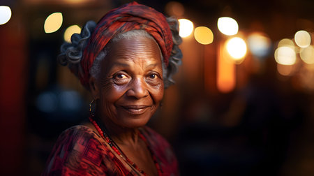 An AI generated illustration of a cheerful African woman in a bright red dress and headwrapの素材