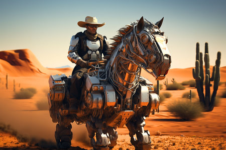 An AI generated illustration of a man wearing a cowboy hat and riding robotic a horseの素材