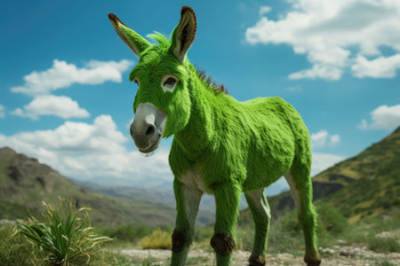 An AI generated illustration of a donkey with bright green fur stands atop a sun-kissed hillsideの素材