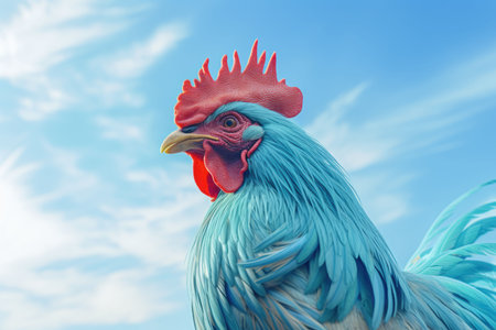 An AI generated illustration of a blue rooster stands atop a hillの素材