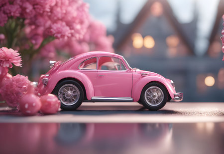 An AI-generated illustration of a pink toy car perched on a wooden table, surrounded by a variety of brightly colored flowersの素材