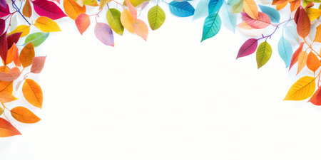An AI generated illustration of Colorful autumn leaves on white background with copy space for text.の素材