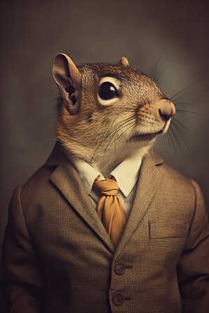 An AI generated illustration of a portrait of a squirrel in a brown suitの素材