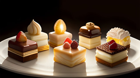 An AI generated illustration of Fancy french petit fours in a high end restaurantの素材