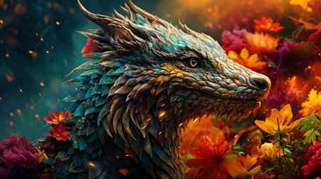 An AI generated illustration of a mythical dragon in a vibrant field of blossoming flowersの素材