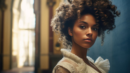 An AI generated illustration of a young woman with curly hair posing for a photoの素材